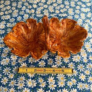 Beautiful Holland Mold glazed ceramic double leaf candy dish.